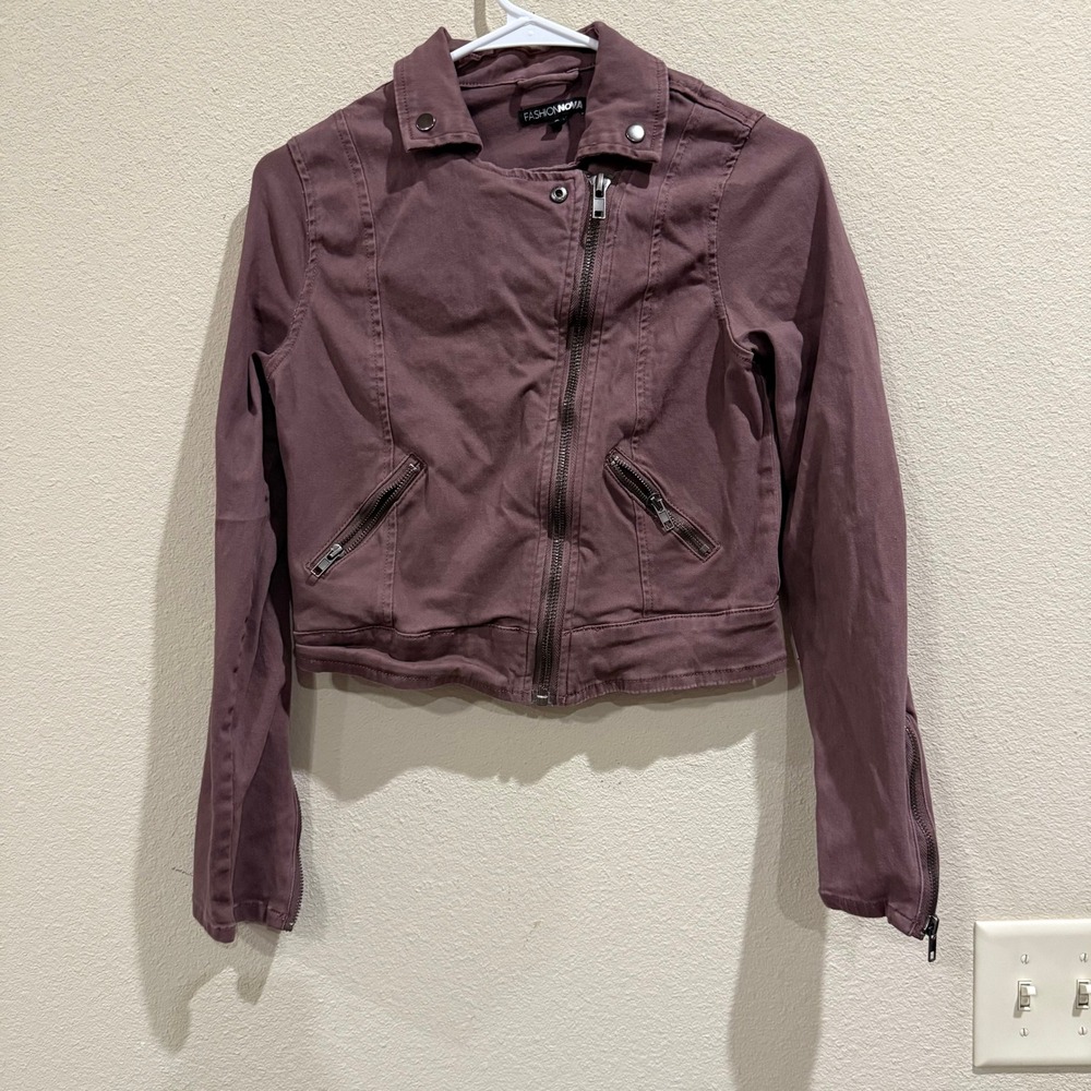 Fashion‎ Nova Women Small Mauve Purple Cropped Moto Jacket Zipper Detail